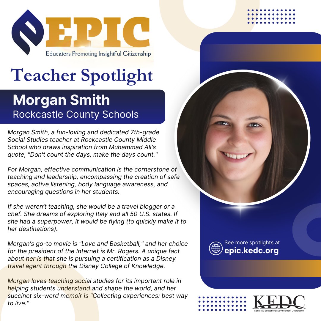 kedc_epic's tweet photo. Delighted to spotlight Morgan Smith, one of Rockcastle's finest! She has served 8 years as a social studies teacher &amp; values the importance of helping students be informed citizens who will be prepared to lead their community in the future. Thank you for your hard work, Morgan! https://t.co/RAC5cEiAjn