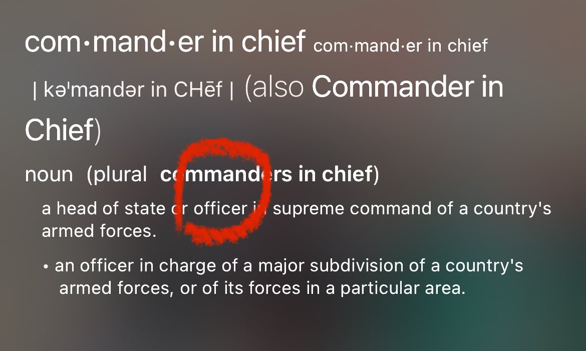 kellyXbones's tweet photo. @neal_katyal 💯… Why is it not obvious that the Commander In Chief of the US military — POTUS — is indeed an “Officer?” Especially considering the arguments in the immunity case with the example of commanding the assassination of a political rival? https://t.co/ZfdsQ4JgnW