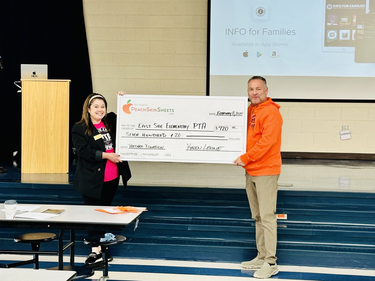 Thank you to PeachSkin Sheets, for presenting the East Side PTA with a partner donation check from our holiday partnership/fundraiser. We look forward to partnering with PeachSkin Sheets again!
#EastSidePTA
#EastSideEaglePride