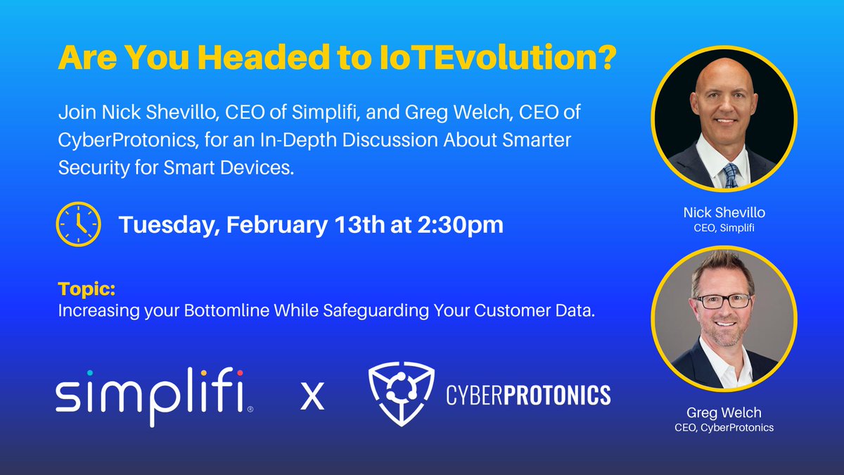 simplifi_io's tweet photo. Are you headed to @IoTEvolutionExpo next week? Join us for an in-depth discussion about Smarter Security for Smart Devices. It should be an amazing discussion, don't miss it! https://t.co/o2WWTxbN5r

@ITEXPO #TECHSUPERSHOW #DataSecurity #Cybersecurity #IoT #LTE #InternetOfThings https://t.co/njOuAHXmfa