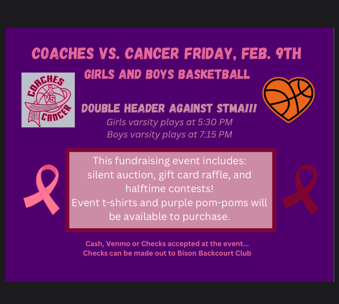 Please come out and support a great cause as the ⁦Buffalo Bison take on the St Michael-Albertville Knights in a boys/girls doubleheader!!