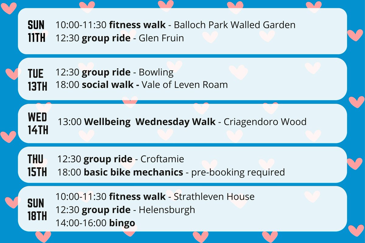 Here's what we've got coming up this week. To book your spot, give us a call on 01389 752 629, email us at info@valeofleventrust.com or pop in and see us at 9 Mitchell Way, Alexandria.
#socialwalk #yourcommunity #supportlocal #valeofleventrust #westdunbartonshire #cyclingscotland