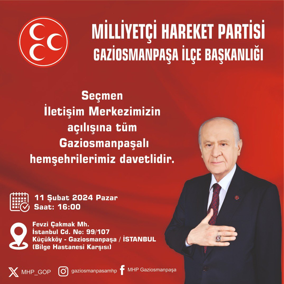 Seçmen İletişim Merkezimizin açılışına tüm Gaziosmanpaşalı hemşehrilerimiz davetlidir.

📅 11 ŞUBAT PAZAR

⏰ 16 : 00

📍Küçükköy Bilge Hastanesi Karşısı

<a href="/E_SemihYalcin/">E. Semih Yalçın</a> 
<a href="/sertel_selim/">Sertel Selim</a> 
<a href="/YasarKaba17/">Yasar Kaba</a>