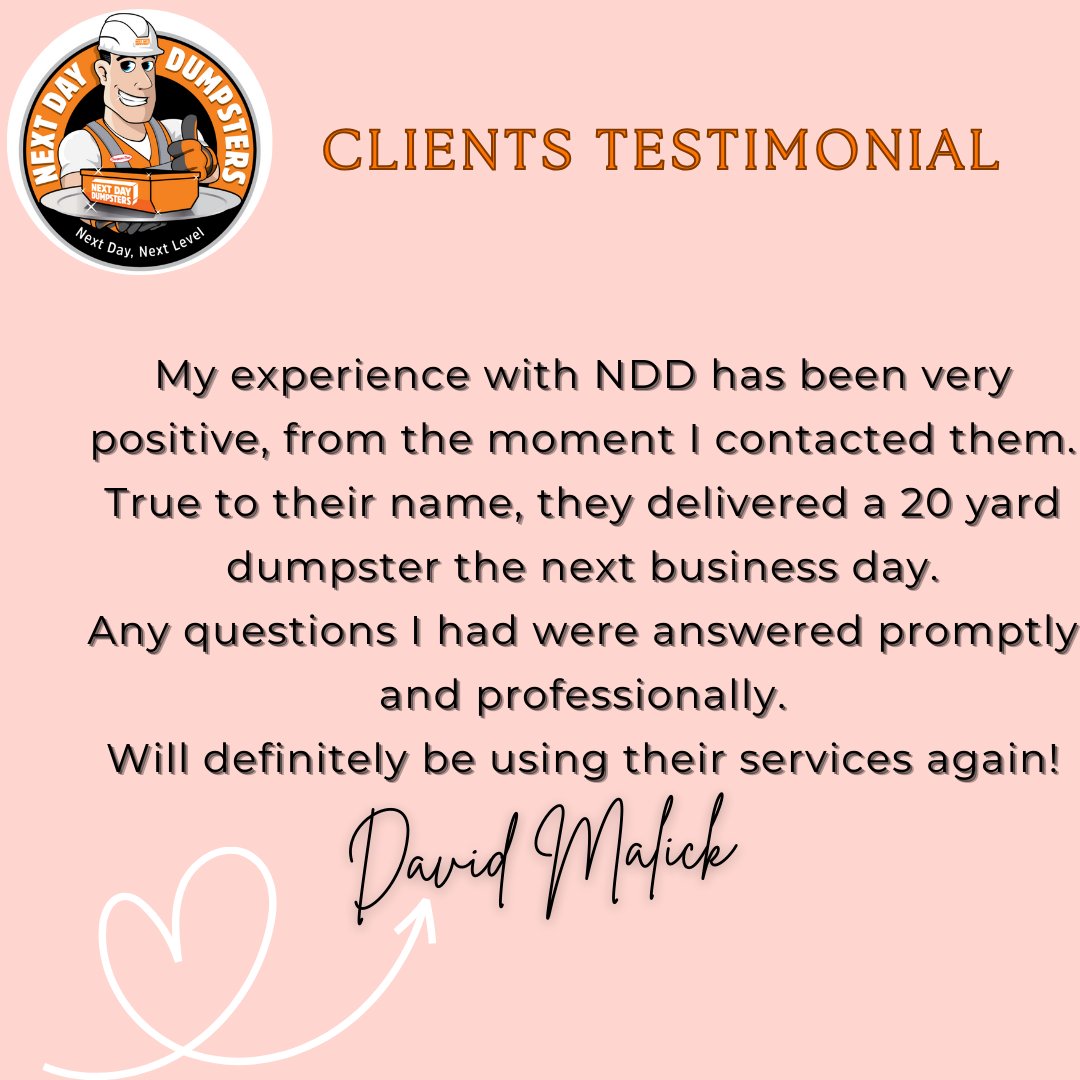 "Thank you so much, David!"
We are thrilled to share some amazing feedback from one of our valued customers! 🙌
🚀 We deeply value our customer satisfaction and are thankful for such candid feedback. Thank you for choosing Next Day Dumpsters - we're here to make your life easier!