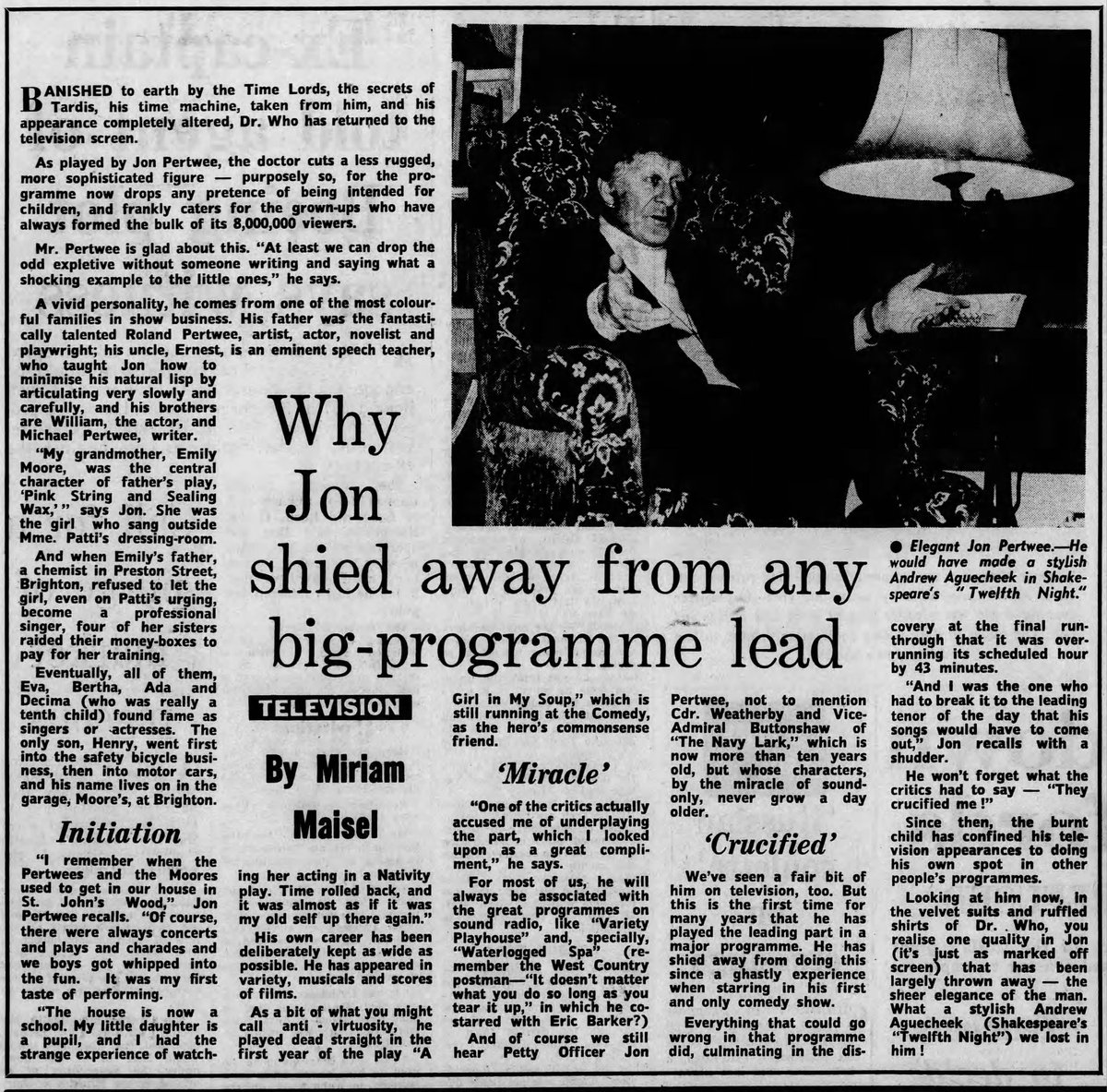 Jan 14, 1970 - The Guardian Journal - A wonderful piece on Jon Pertwee and why he was reluctant to take the lead of a major show.
#JonPertwee #DoctorWho #TheGuardianJournal #TVhistory #actorinterview