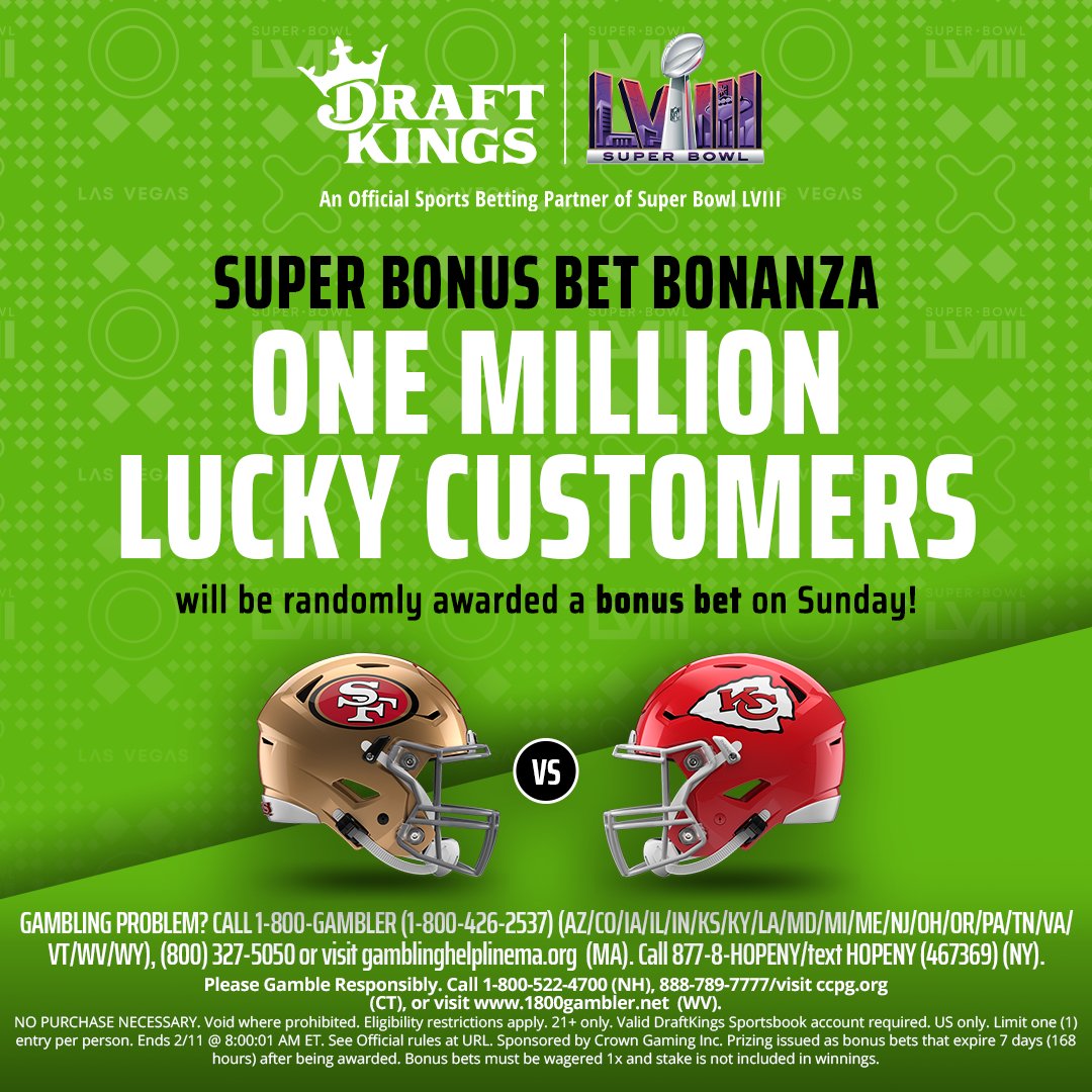 DKSportsbook's tweet image. IT'S A BONUS BET BONANZA 🕺🕺🕺

We'll be dropping 𝗢𝗡𝗘 𝗠𝗜𝗟𝗟𝗜𝗢𝗡 Bonus Bets randomly throughout Super Bowl Sunday!

Sit back, relax and get ready for the bonanza 😎
