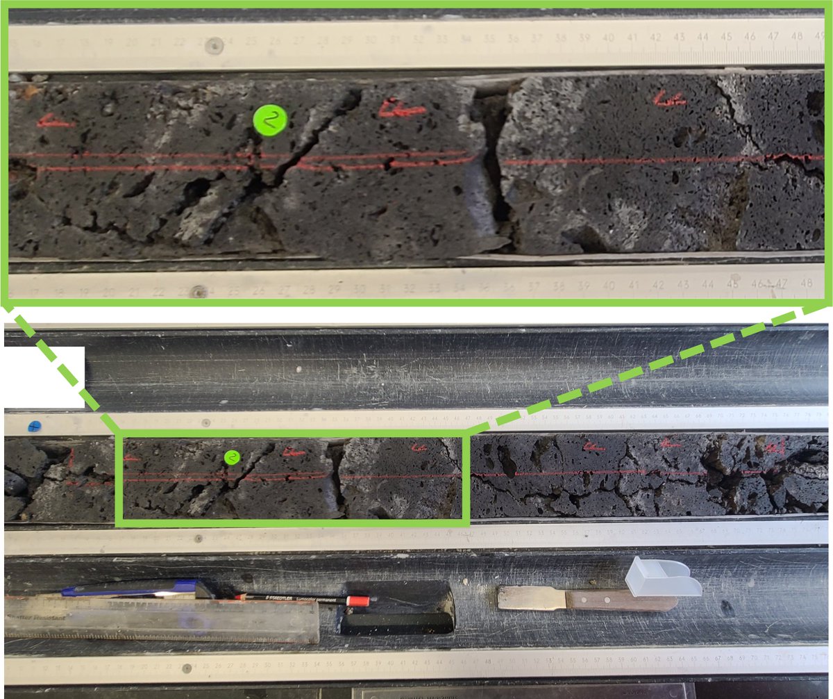 1st day sampling #HawaiianDrownedReefs #IODP #exp389 rock cores. Loads of corals, but also a lovely clinkery 'a'a lava that I sampled for chemistry & dating. These undersea lavas will tell an unexpected yet important volcanic history story (see expedition389.wordpress.com/2023/09/27/bla…)