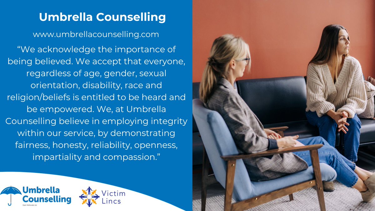 VictimLincs's tweet photo. Umbrella counselling provide counselling for survivors of sexual trauma, rape and childhood sexual abuse, in a safe and welcoming environment.
#7DaysofSupport. #SexualViolenceAwarenessWeek https://t.co/rOvLVPSWYf