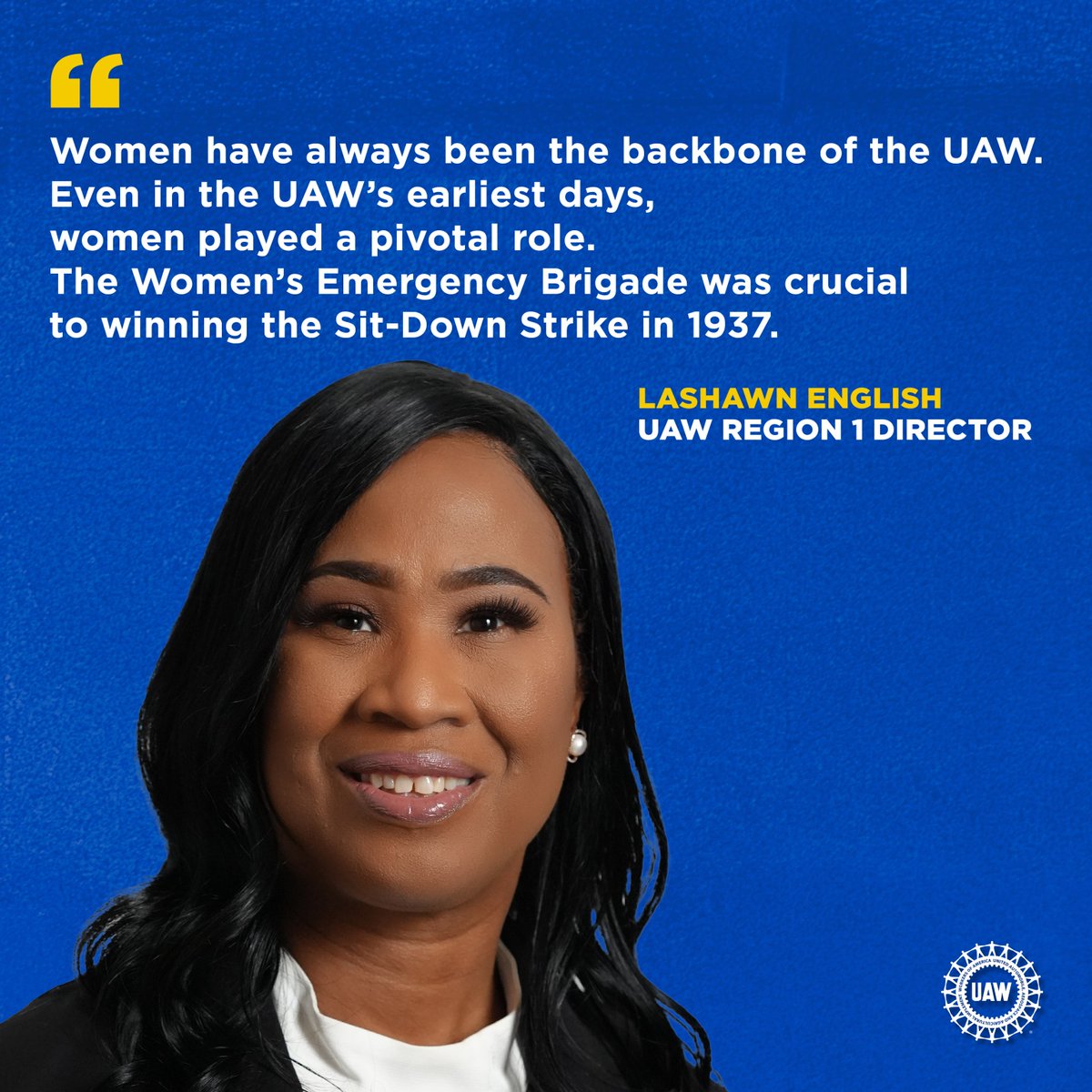 UAW's tweet photo. “Women have always been the backbone of the UAW. Even in the UAW’s earliest days, women played a pivotal role. The Women’s Emergency Brigade was crucial to winning the sit-down strike in 1937."
— #UAW Region 1 Director LaShawn English  | @carrolotta

#StandUpUAW #SitDownStrike https://t.co/CpZgDQJC3L