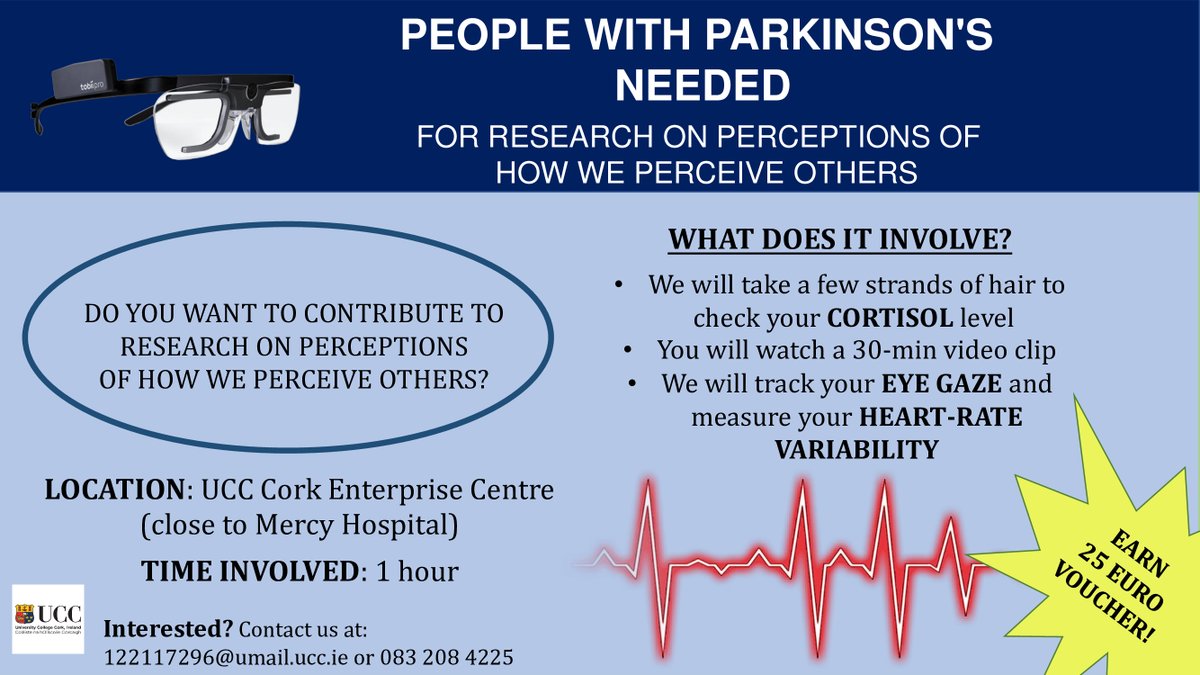 PDRC_UCC's tweet photo. Do you have Parkinson’s? I am inviting you to take part in research exploring perceptions of facial expressions and movements. We will take 3-mm-wide hair to check your cortisol. You will watch a video while we track your eye gaze and heart rate variability 122117296@umail.ucc.ie https://t.co/2Uhi8QGDWD