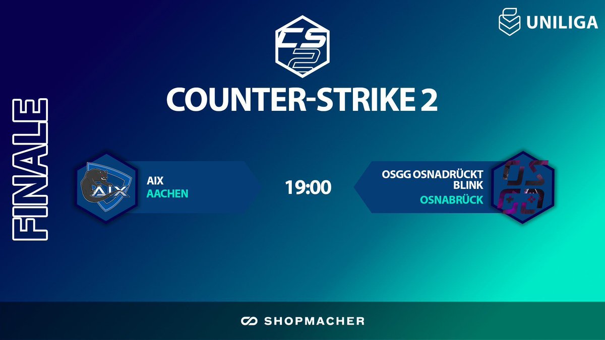 Uniliga (@uniligagg) on Twitter photo Das große Finale! Heute krönen wir unseren neuen CS2 Hochschulmeister🏆
⚔️ <a href="/osna_gaming/">Osnabrück Gaming e.V.</a> vs. <a href="/AIXeSports/">AIX eSports</a>
⏰ 18:45 Uhr
📺 buff.ly/44KXa6p
🎙️ <a href="/RoyalTZZZ/">Royal</a> & @_DyeknoM
🎬 <a href="/Smudi97/">Smudi</a>
🎥 <a href="/DontFlashMyR/">Tim Konopka</a> Das große Finale! Heute krönen wir unseren neuen CS2 Hochschulmeister🏆
⚔️ <a href="/osna_gaming/">Osnabrück Gaming e.V.</a> vs. <a href="/AIXeSports/">AIX eSports</a>
⏰ 18:45 Uhr
📺 buff.ly/44KXa6p
🎙️ <a href="/RoyalTZZZ/">Royal</a> & @_DyeknoM
🎬 <a href="/Smudi97/">Smudi</a>
🎥 <a href="/DontFlashMyR/">Tim Konopka</a>
