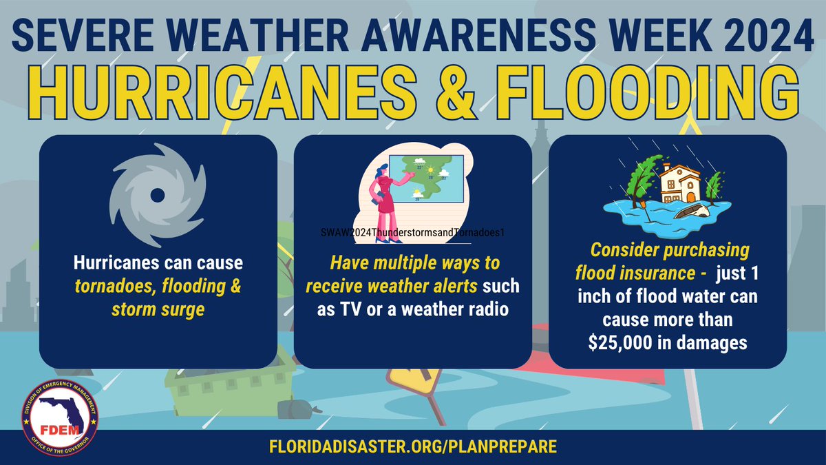 FLSERT's tweet photo. 🌀Today is Day 4 of Severe Weather Awareness Week &amp; the focus is hurricanes &amp; flooding! Hurricanes bring many hazards including flooding, storm surge &amp; tornadoes.

⬇ Follow the tips below to be prepared before the next storm hits &amp; learn more at https://t.co/h8paBLvxMI. #FLSWAW https://t.co/jgSGsOm8DT