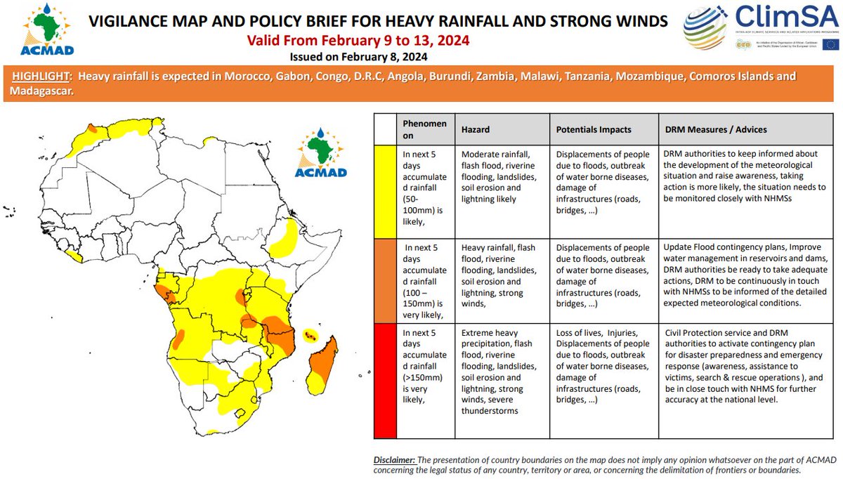 ACMAD_org's tweet photo. 📢Heavy rainfall forecast Feb 09-13 2024,
⛈️Heavy rainfall(accumulated rainfall 100-150mm) is expected in #Morocco, #Gabon, #Congo, #DRC, #Angola, #Zambia, #Malawi, #Burundi, #Tanzania, #Mozambique, #ComorosIslands, #Madagascar 
read more👉https://t.co/9LiWsZm850
#EW4ALL #Africa https://t.co/9dwxuJvMRi
