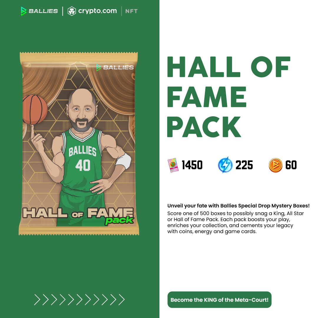 💍 Dino Raja Hall of Famer Edition - the epitome of gaming glory!

👑 Inside the NFT: 1450 Battle Cards, 60 Coins, 225 Energy
✨ Probability: 13%
🌟 Mystery box (promo: buy 3, get 1 Ballie Diva free)
🎮 Standard price 200$

🚀 #HallOfFamer #LegendsPacks #NBA #Crofam