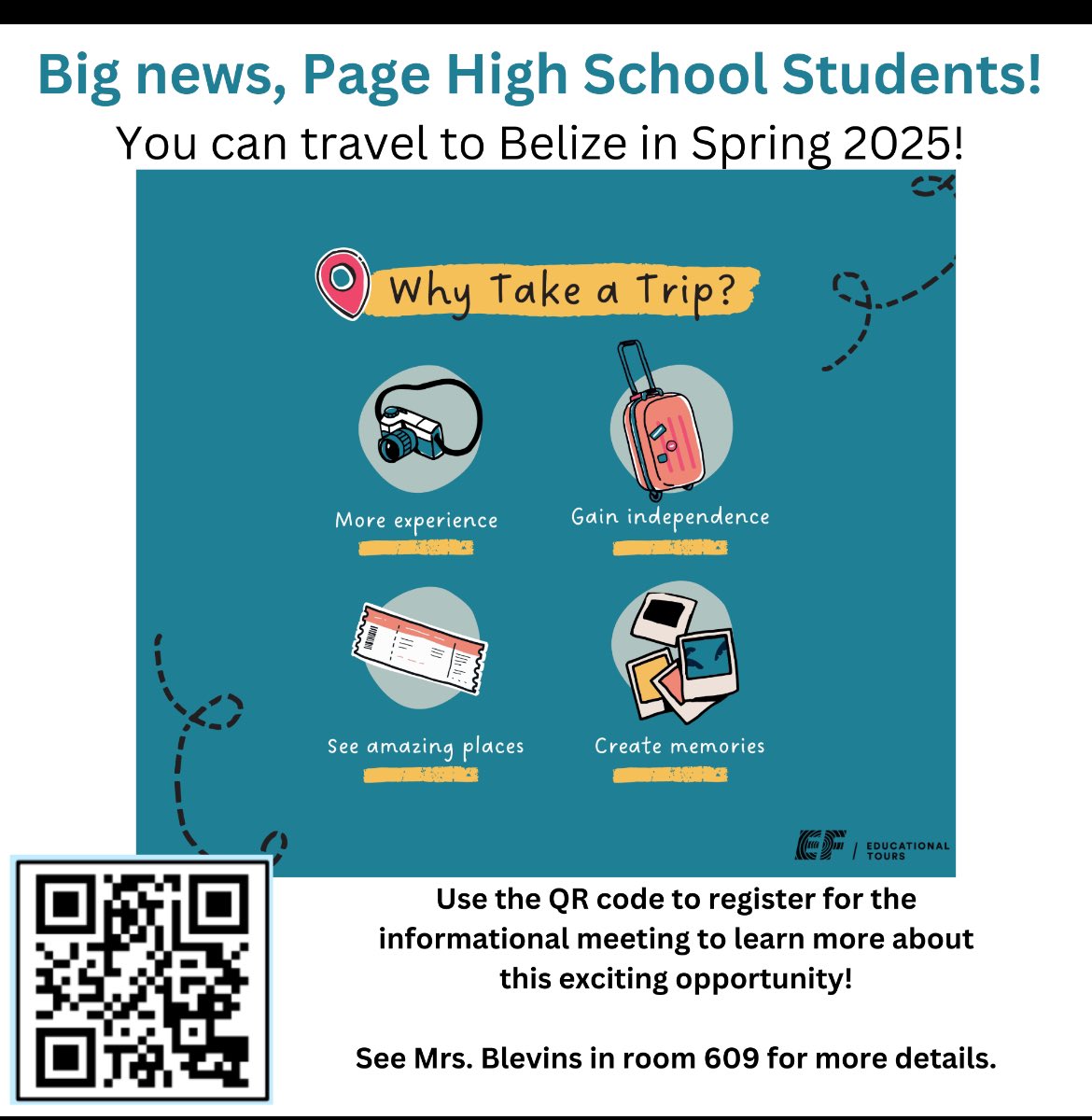Pack your bags! We’re heading to Belize 🇧🇿 Scan the QR Code or see Mrs. Belvins for more information! ✈️🧳🌎