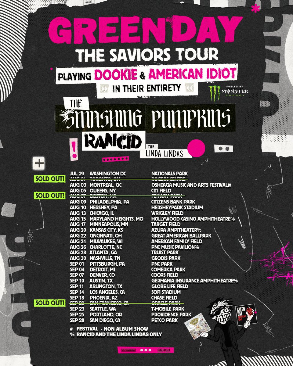 GreenDay's tweet photo. GAME ON!! The Saviors Tour is sold out in San Francisco, Toronto + Boston 💥💥💥 Ya snooze, ya lose (pro tip: don't lose) - get those tickets https://t.co/e1YhBPEsQ6 https://t.co/jqoaWztDHx