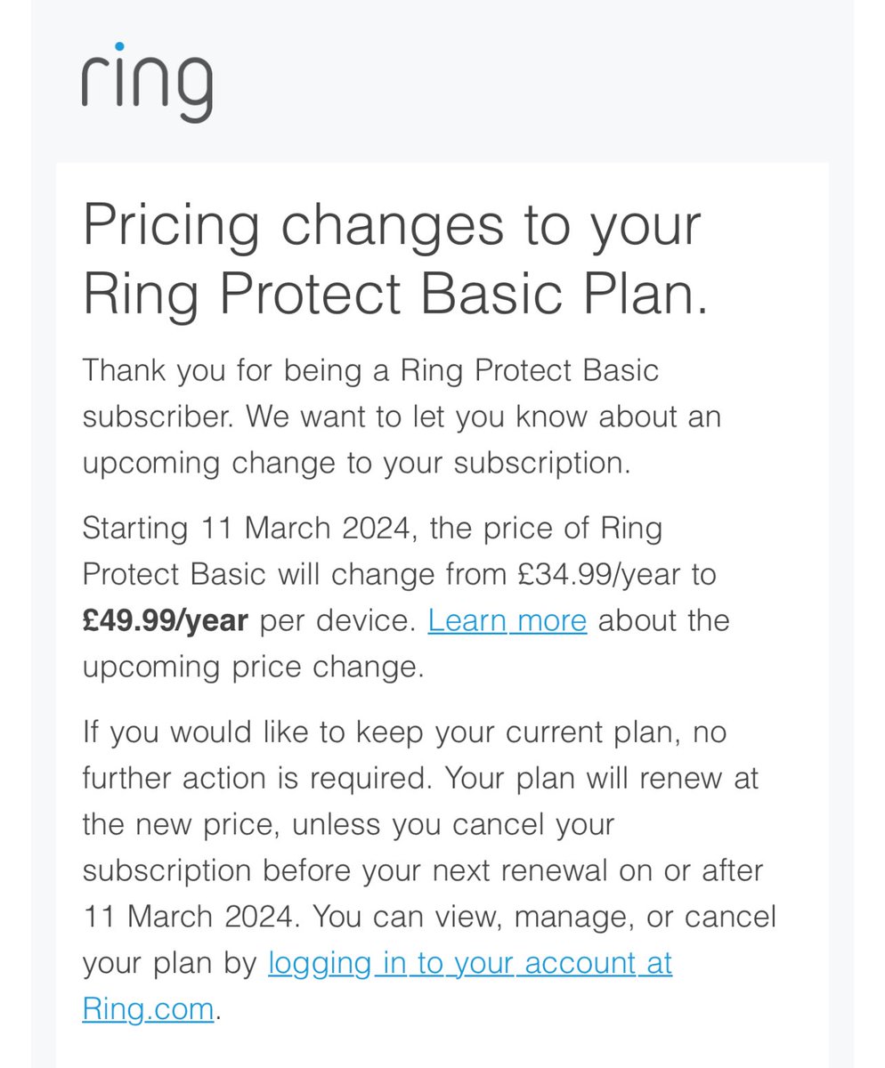 What the heck ⁦<a href="/ring/">Ring</a>⁩ ⁦<a href="/ring_uk/">Ring UK</a>⁩ - thought you could wedge in a chunky price hike? I got the subscription at £25, went up to £35 and now £50?! What will it be next year? £75? You can go and shove your uncustomisable doorbell up your a hole.