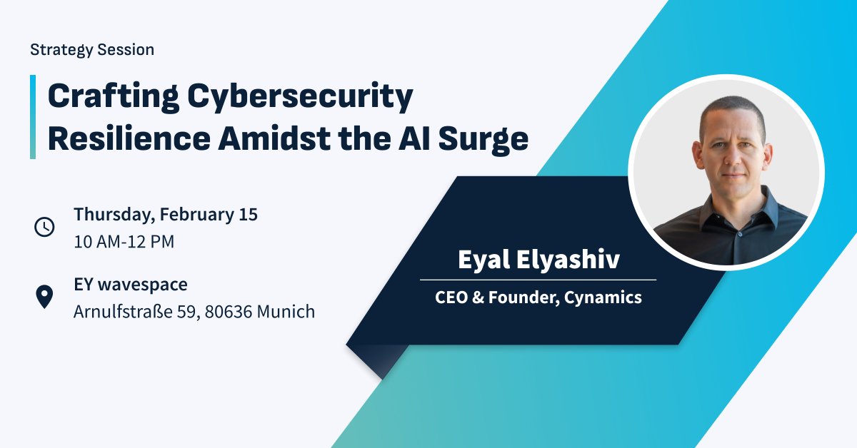 Cynamics_ai's tweet photo. In just one week from today, Eyal Elyashiv will be attending a Strategy Session in Munich.

Be on the lookout for the registration link that opens 30 minutes before the event - don't miss this amazing opportunity!

#cybersecurity #ai #resilience #defense #networksecurity https://t.co/JGKI4qyR5p
