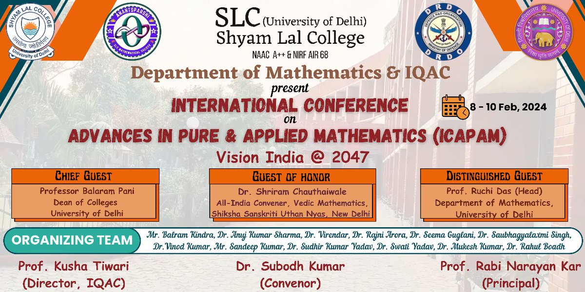 college_slc's tweet image. Successful first day 📢of  ICAPAM, an INTERNATIONAL CONFERENCE on ADVANCES IN PURE &amp;amp; APPLIED MATHEMATICS!  Featuring Chief Guest Prof. Balaram Pani, Dean of Colleges, University of Delhi, and Guest of Honor Dr. Shriram Chauthawale #Mathematics #Conference #Delhi