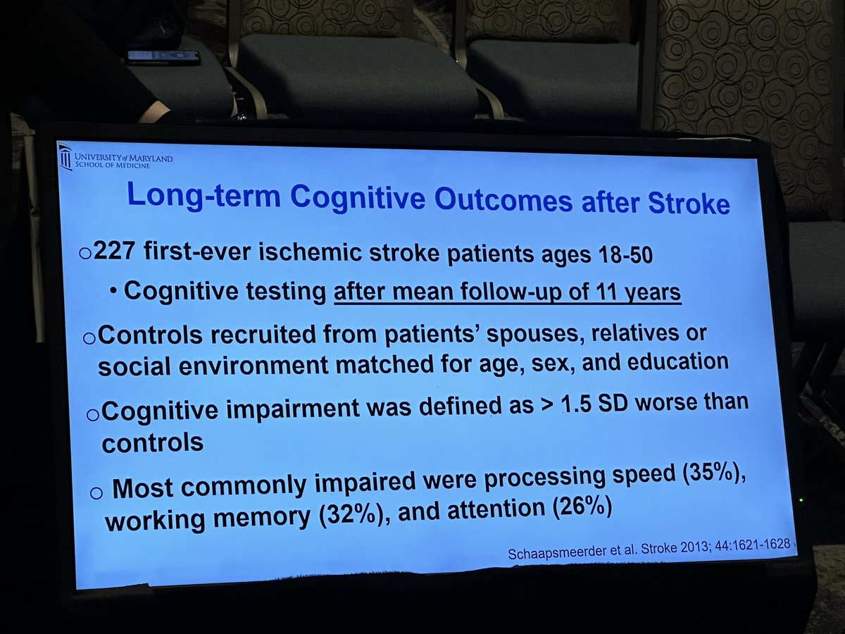 Steven Kittner describes the types of cognitive impairment found in longitudinal care of young adults with #stroke  Present in up to 35% of patients #ISC24 #youngstroke @AHAScience