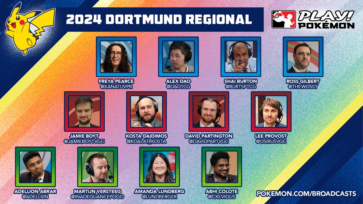playpokemon's tweet photo. Are you ready for yet another weekend of top-tier #PlayPokemon action? Say "hallo" to your casters for the 2024 Dortmund Regional Championships! 👋 https://t.co/Zq539nRaKJ