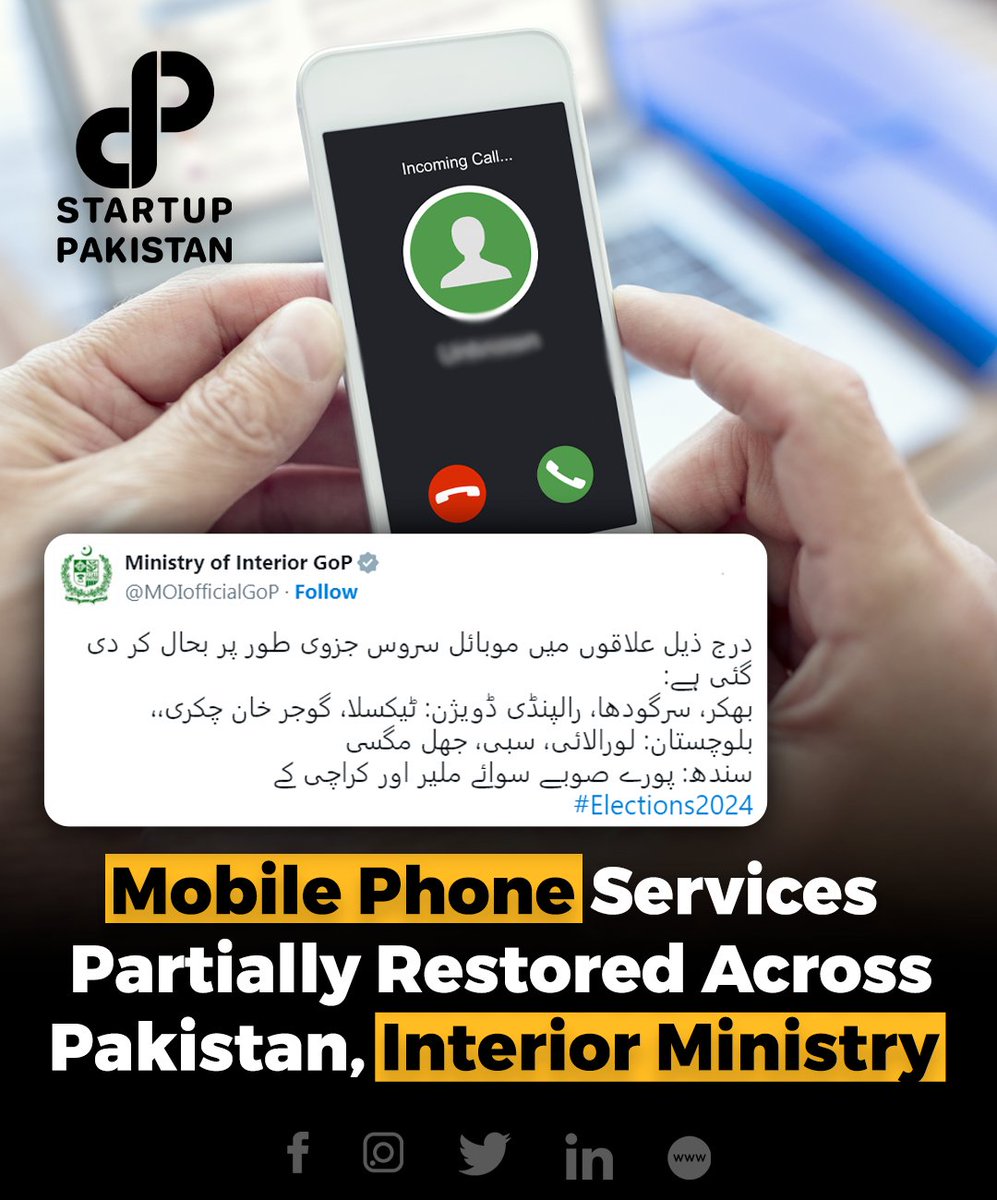 PakStartup's tweet image. The Interior Ministry has announced partial restoration of mobile phone services in certain regions following an earlier suspension of both mobile phone and internet services nationwide due to security threats. 

#mobileservices