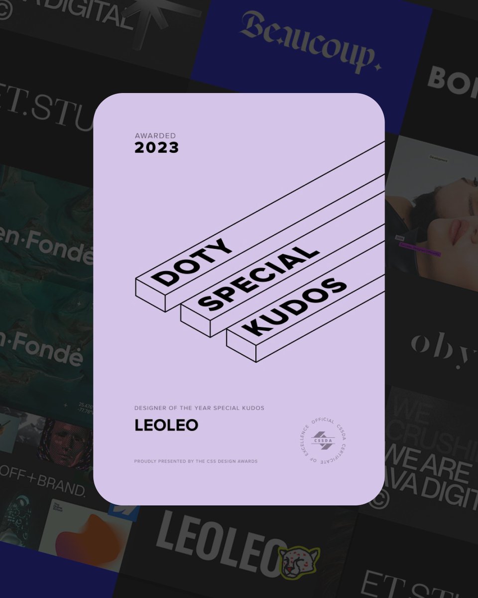 LEOLEO (@studioleoleo) on Twitter photo So happy to announce that we have been awarded Studio of the Year Special Kudos for 2023! Thanks <a href="/cssdesignawards/">CSS Design Awards</a> for the reward 😚🏆 So happy to announce that we have been awarded Studio of the Year Special Kudos for 2023! Thanks <a href="/cssdesignawards/">CSS Design Awards</a> for the reward 😚🏆