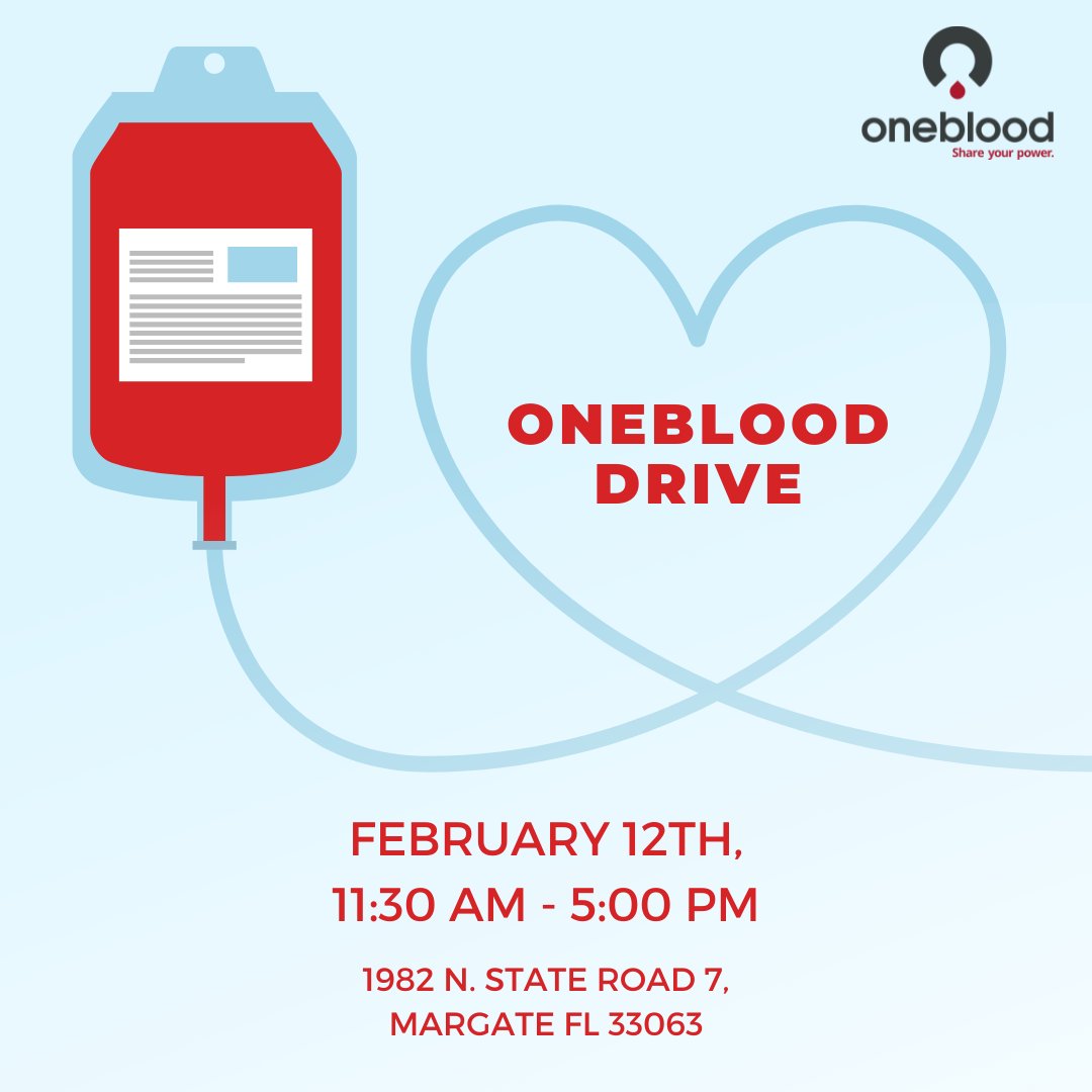 OneBlood's Big Red Bus will be at our Margate financial center location this Monday, February 12th. Come donate blood & help save lives! ❤️ Walk-in appointments are accepted.
.
#OneBlood #BloodDrive #BloodDonation #Margate #BrowardCounty #HelpSaveLives