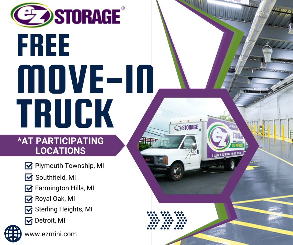 EZStorage_Co's tweet image. At EZ Storage, we have your best interest in mind. That’s why we offer a FREE local move-in truck at participating EZ Storage locations. Choose ease—choose EZ: bit.ly/3PZrTFl #EZStorage #DetroitStorage #StorageSolutions