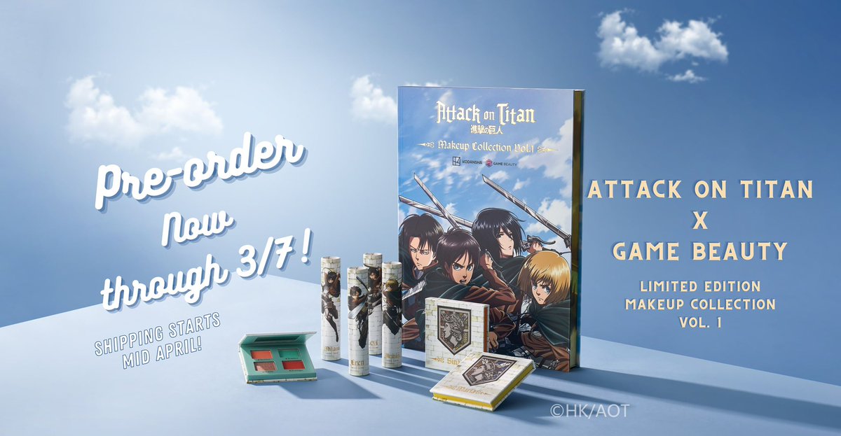 ❤️‍🔥 Attack on Titan Makeup Collection Vol. 1 is available for pre-order now through 3/7 on gamebeauty.com!
⏳ Conquer your canvas with emblems of hope, and embrace your inner hero with character-inspired glosses!
#gamebeauty #attackontitan #animemakeup