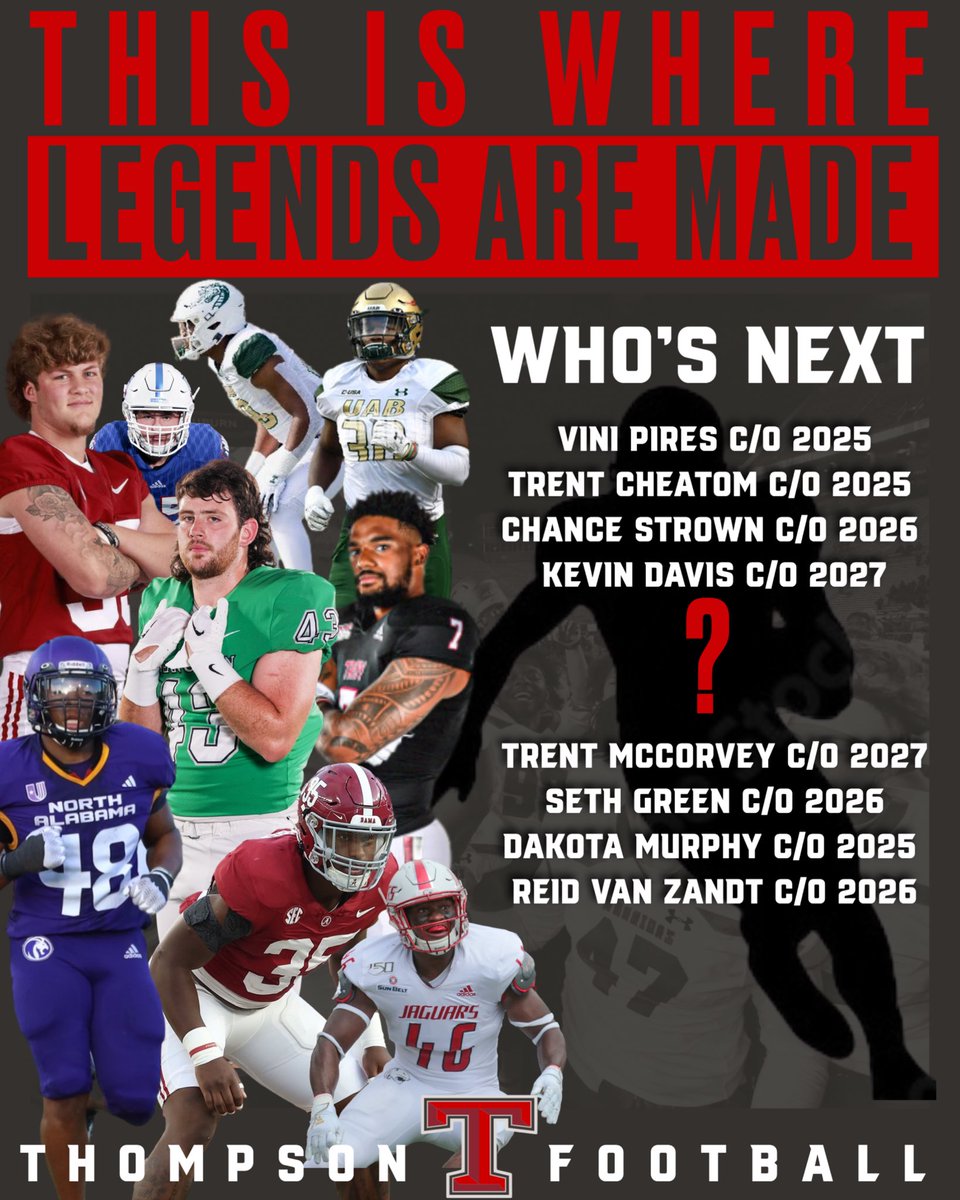 🏆LEGENDARY LINEBACKERS🏆
Who will be the next linebacker legend from Thompson High School? Past legends have been lineman of the year winners,Under Armour All Americans, All-State players, AL/MS All-Stars &amp; won multiple state championships,
Contact <a href="/coach_fuqua/">Durrell Fuqua, M.Ed</a> 4 recruiting info