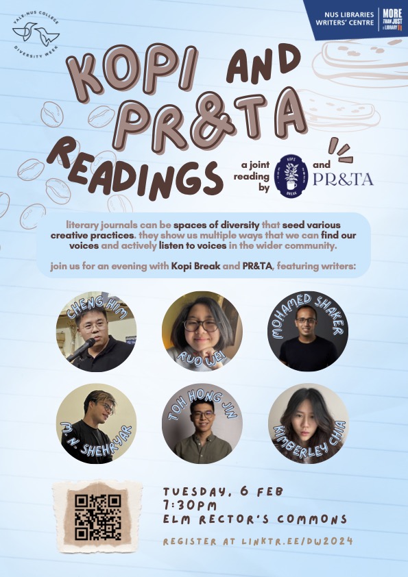 PR&amp;TA writers (Mohamed Shaker, Toh Hong Jin and M N Shehryar) and editors (Dr Ann Ang and Lawrence Ypil)  in action at a joint reading with Kopi Break at Yale-NUS College on 6 February 2024, Tuesday for Diversity Week!
