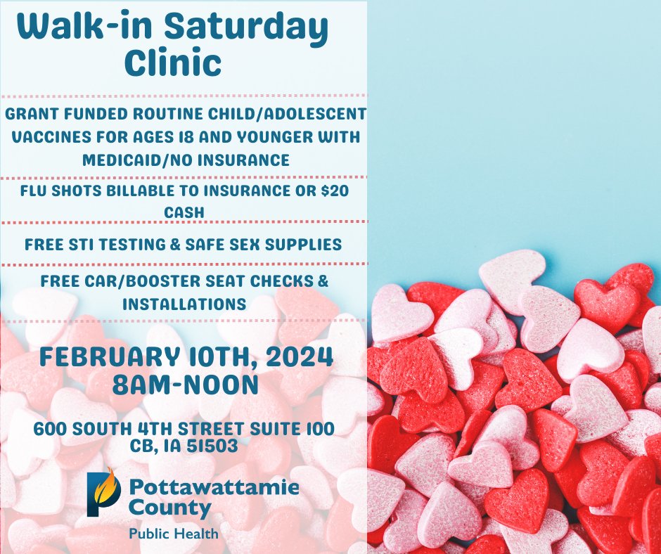 PottCoPHD's tweet image. We'll be offering a walk-in clinic this Saturday, February 10th from 8am-noon! 
🩹 Routine child/vaccines for ages 18 and younger
📋 STI testing 
🚗 Car seat checks &amp;amp; installations 

📍600 South 4th Street Council Bluffs, IA 51503