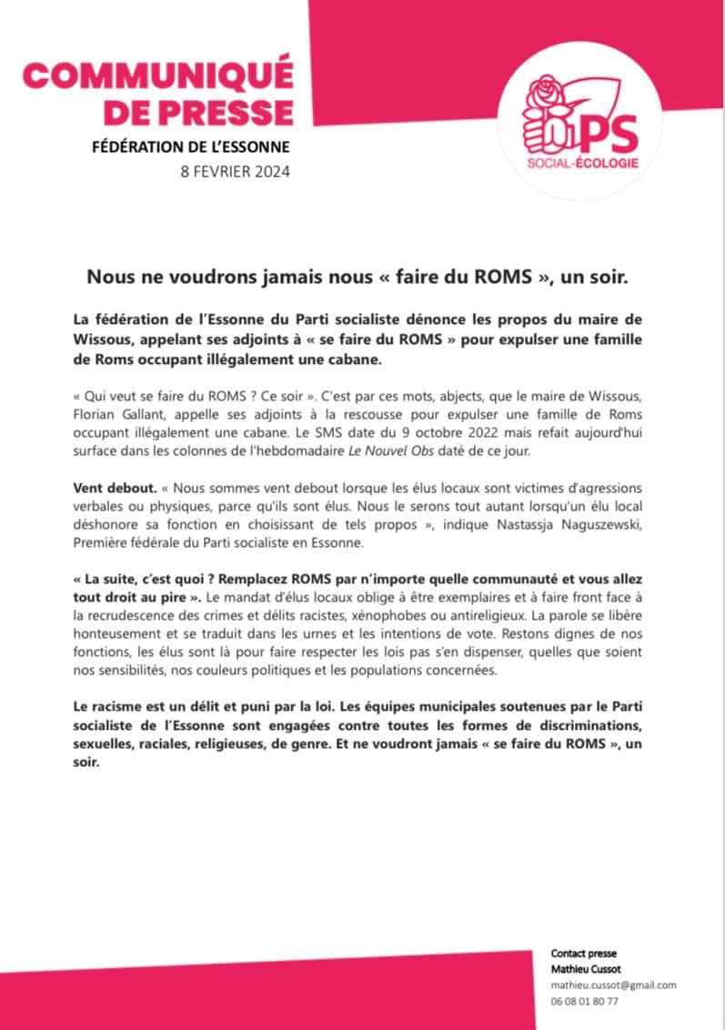 Les socialistes de l’Essonne réagissent aux propos scandaleux tenus par le Maire de Wissous 👇