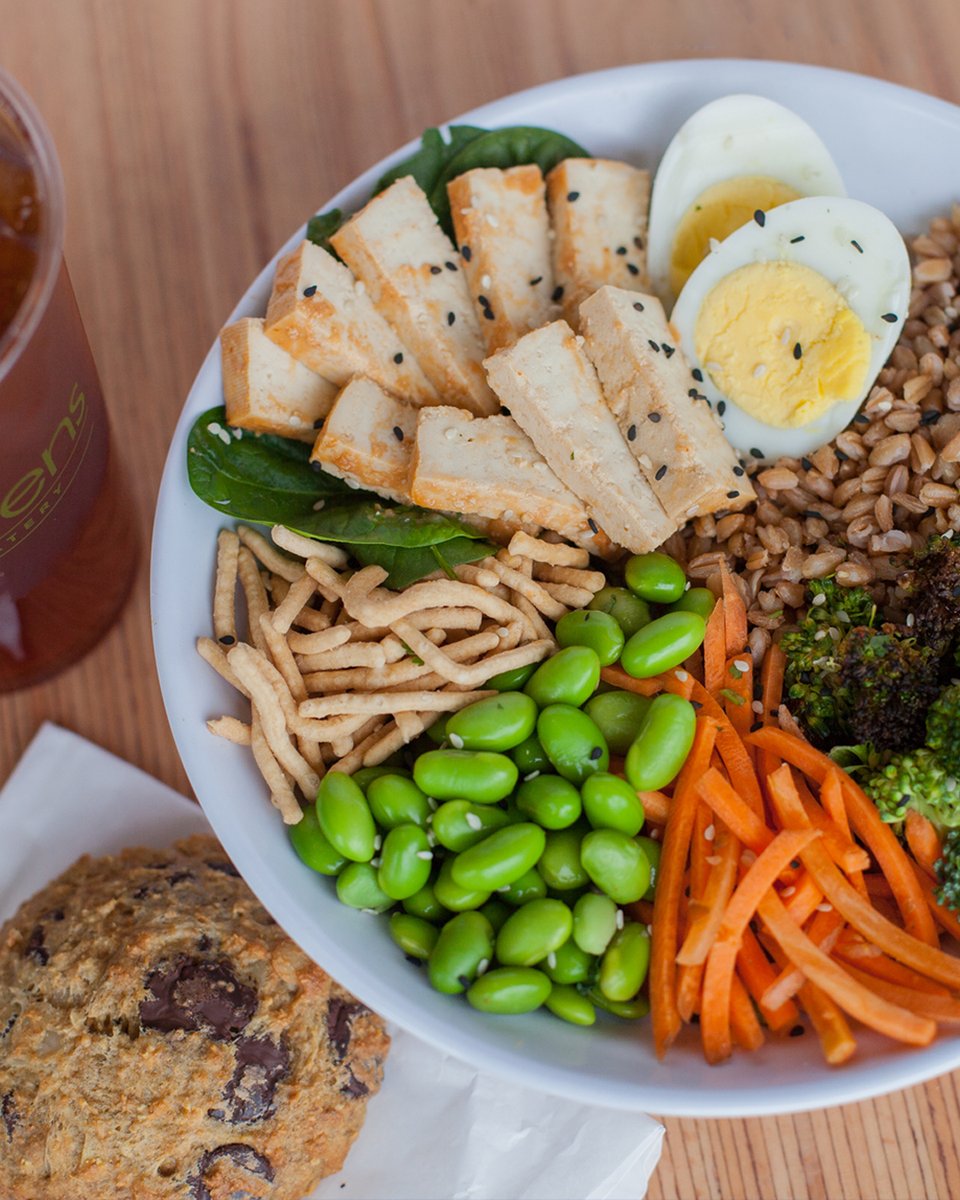 Our vegetarian Miso Power Bowl is a symphony of flavors and heart-healthy goodness in every bite! 💕 This dish is a tasty powerhouse made with warm farro, miso tofu, fresh veggies, hard-boiled egg, crunchy noodles, sesame seeds, &amp; our miso ginger vinaigrette!