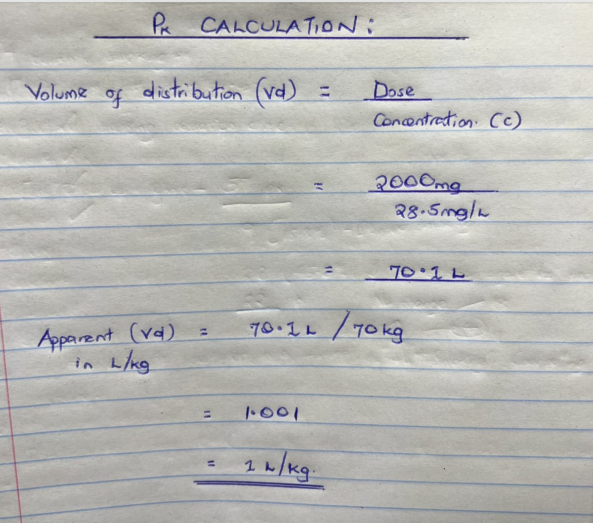 Correct answer = A. 

Vd = dose/C = 2000 mg/28.5 mg/L = 70.1 L. Because the patient is 70 kg, the apparent volume of distribution in L/kg will be approximately
1 L/kg (70.1 L/70 kg).

The calculation is also attached as below:

#Pharmacokinetics
#MedX
#PharmaMed