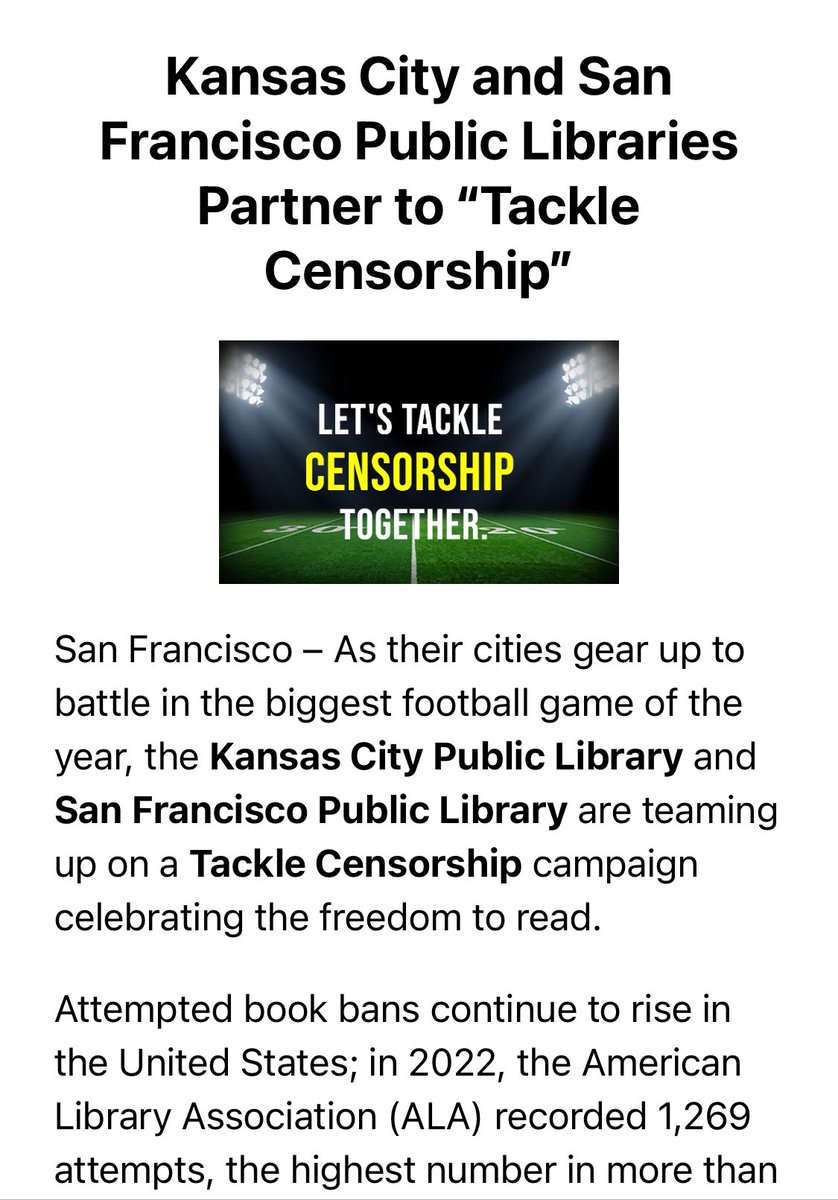 The Big Game is usually about competition, but @SFPublicLibrary and @KCLibrary are on the same team when it comes to protecting your right to read. 📚📚📚📚

#FreePeopleReadFreely 

tacklecensorship.org