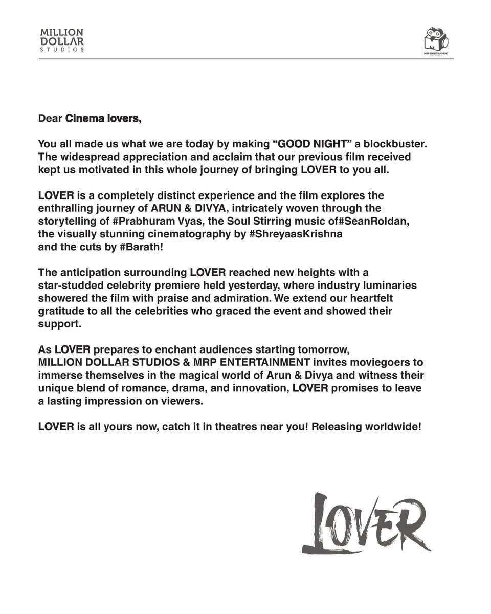 #Lover is all yours now ❤️❤️ With Love & Heart Felt Thanks, - Team Million Dollar Studios @MillionOffl