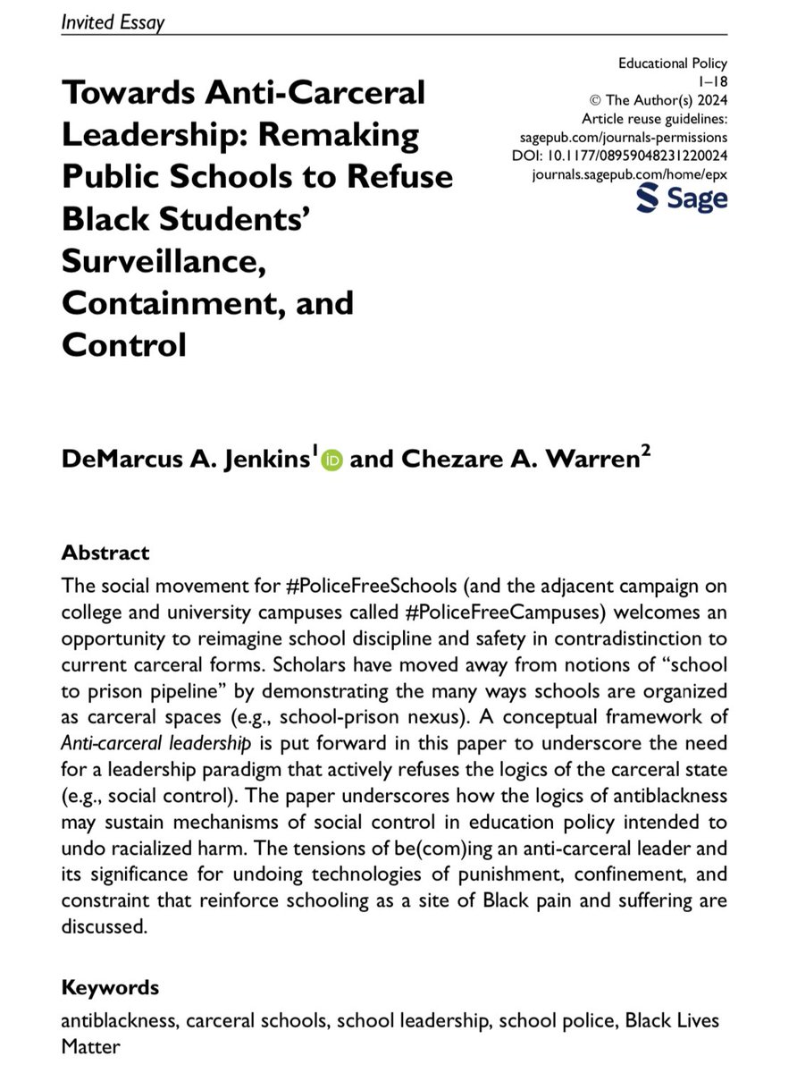#WritingBlackness✍🏿 Day 8: I am excited to share my newest publication co-authored w/ @chezareaugustus. Here, we offer a “anti-carceral leadership” as a framework more attuned to abolitionist praxis and the carcerality of schools. 🙌🏾 Please read, cite & share. #PoliceFreeSchools