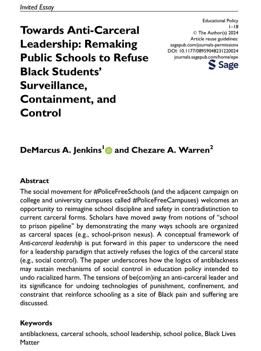 DeMarcus A. Jenkins (@markie_jay06) on Twitter photo #WritingBlackness✍🏿 Day 8: I am excited to share my newest publication co-authored w/ <a href="/chezareaugustus/">Chezare A. Warren</a>. Here, we offer a “anti-carceral leadership” as a framework more attuned to abolitionist praxis and the carcerality of schools. 🙌🏾 Please read, cite & share. #PoliceFreeSchools #WritingBlackness✍🏿 Day 8: I am excited to share my newest publication co-authored w/ <a href="/chezareaugustus/">Chezare A. Warren</a>. Here, we offer a “anti-carceral leadership” as a framework more attuned to abolitionist praxis and the carcerality of schools. 🙌🏾 Please read, cite & share. #PoliceFreeSchools