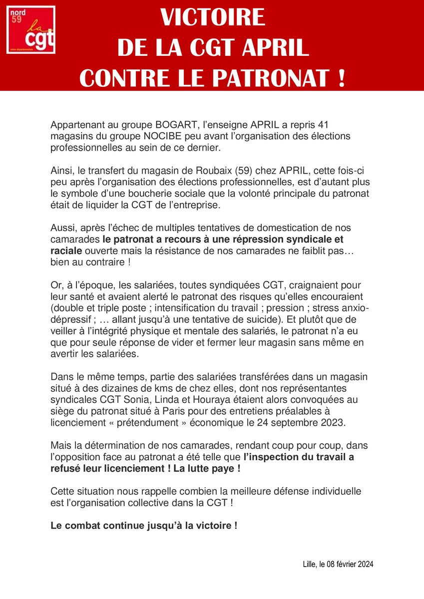 VICTOIRE
DE LA CGT APRIL
CONTRE LE PATRONAT ! #Répression <a href="/rapportsdeforce/">Rapports de Force</a> <a href="/lacgtcommunique/">La CGT</a>