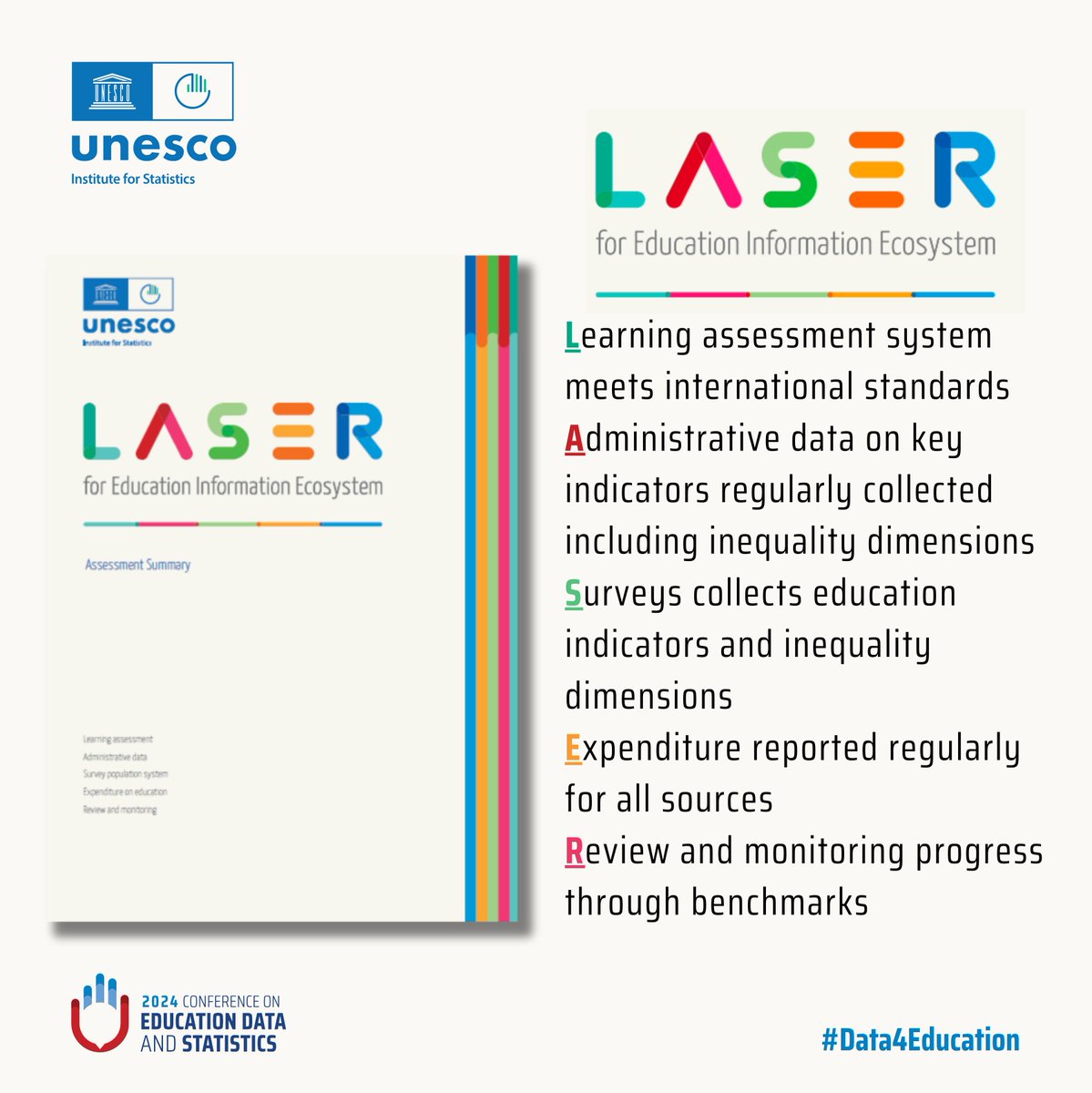 📢UIS released LASER for Education Information Ecosystem during the Conference on Education Data and Statistics. LASER assesses whether a country’s #educationdata ecosystem collects and leverages the variety of data sources required for #policymaking. 

tcg.uis.unesco.org/laser