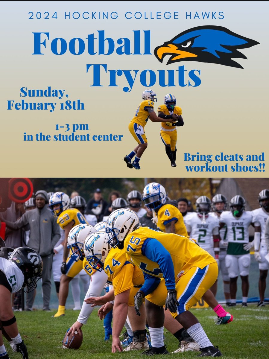 HockingFootball's tweet photo. If you're looking for an opportunity to join the  Hocking College Football team, be at our open tryout on February 18th. https://t.co/bcpd1esbIG
