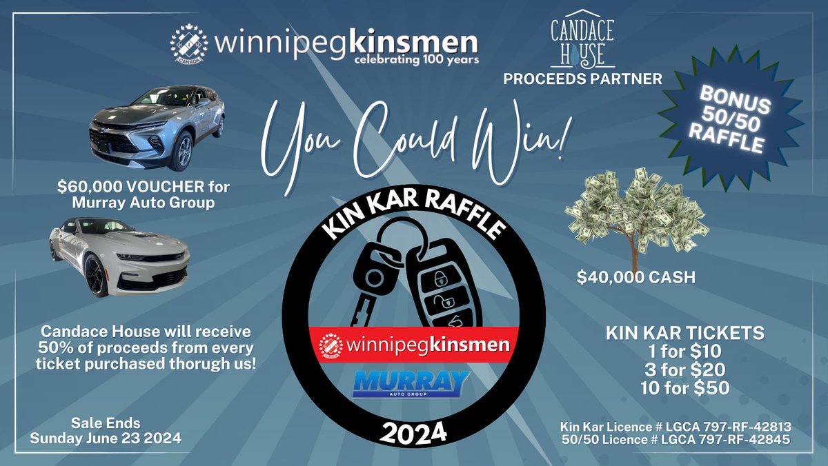 We've teamed up with <a href="/winnipegkinsmen/">Winnipeg Kinsmen Club</a> as a Proceeds Partner in the 2024 Kin Kar Raffle!

This means that Candace House will receive 50% of
the proceeds from every ticket bought through our link.

✨Buy your tickets today! Sale ends June 23 2024 ✨
rafflebox.ca/raffle/kinsmen…