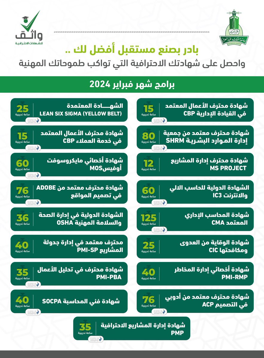إذا وجدت (شهادة احترافية) تقدمها جامعة مرموقة فسجل فيها وأنت مغمض،
جامعة الملك عبدالعزيز تقدم 17 شهادة احترافية في الأعمال والإدارة والتقنية والحاسب والمحاسبة والموارد البشرية وغيرها.

للتفاصيل والتسجيل
studentaffairs.kau.edu.sa/Pages-284639.a…