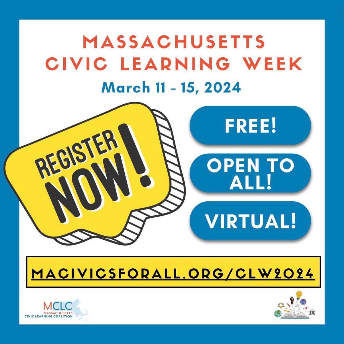 Registration is now LIVE for #MACivicLearning Week! Join us March 11–15 for free online and in-person events highlighting civic learning as a nationwide priority for sustaining and strengthening our constitutional democracy. #civiclearningweek @NationalCLW buff.ly/49aF8O6