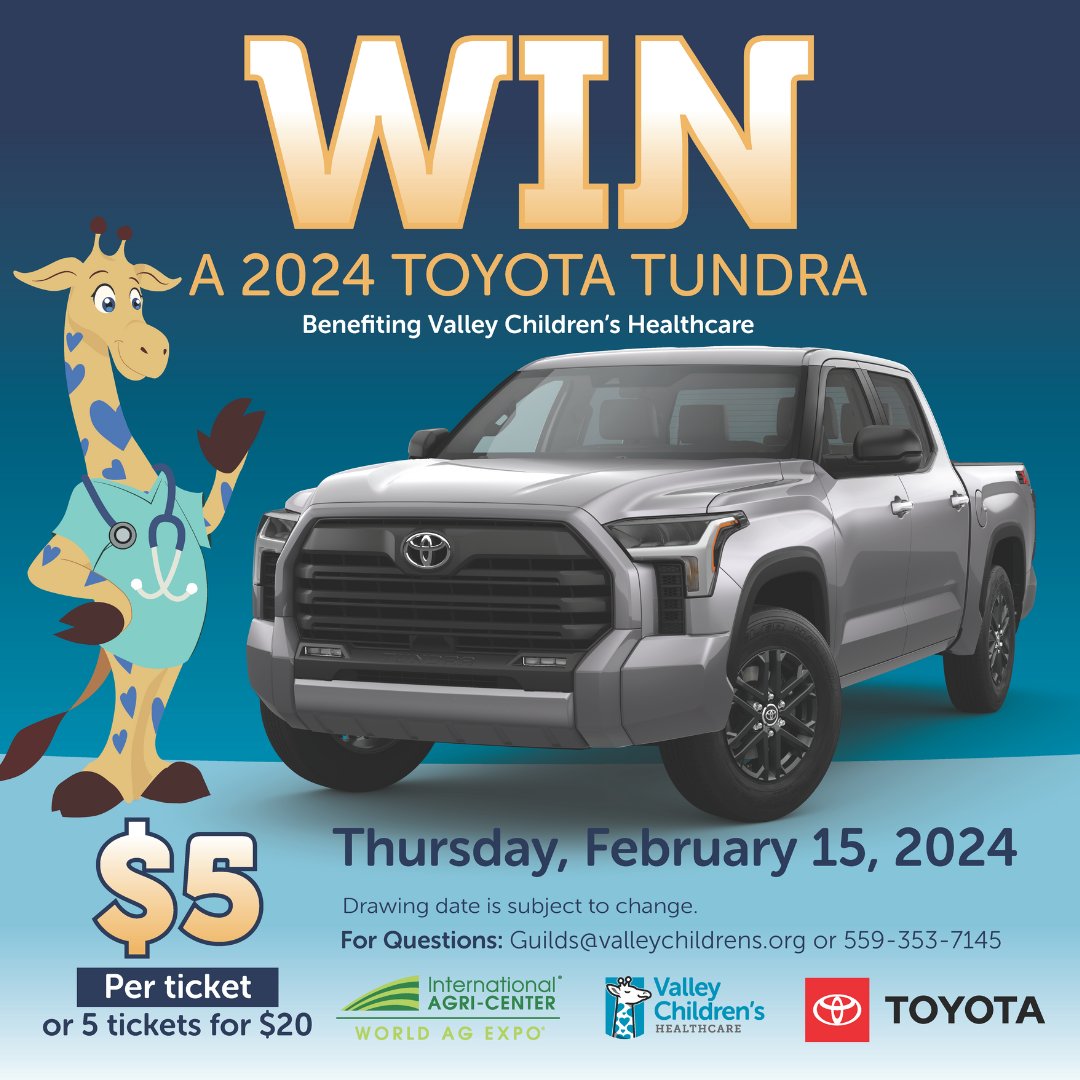 World Ag Expo® and Toyota have partnered again to offer the 2024 World Ag Expo® Toyota Tundra Giveaway. The 2024 giveaway will benefit the Guilds of Valley Children’s Healthcare. Visit worldagexpo.com/attendees/toyo… for rules and more information.