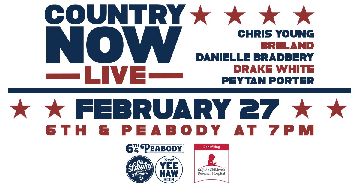 .@StJude is an organization that I hold very close to my heart and I’m thrilled to join my friends @breland, @DBradbery, @DrakeWhite and @PeytanPorter to perform for @CountryNow Live on February 27th benefiting St. Jude! See y'all out there 🤝 Tickets: bit.ly/49nwefE