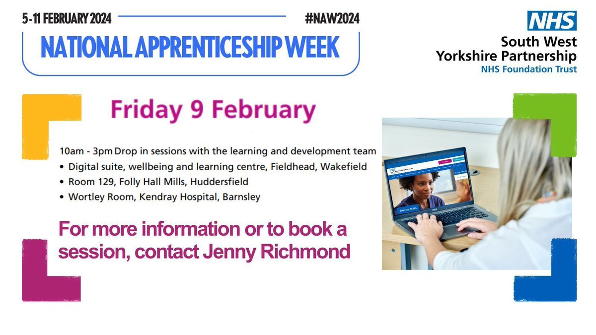 Calling all Trust staff - celebrate the final day of #NAW2024 tomorrow with the learning and development team. Come along to the drop in sessions at Fieldhead, Folly Hall Mills and Kendray Hospital from 10am-3pm to find out more about apprenticeship opportunities and support!