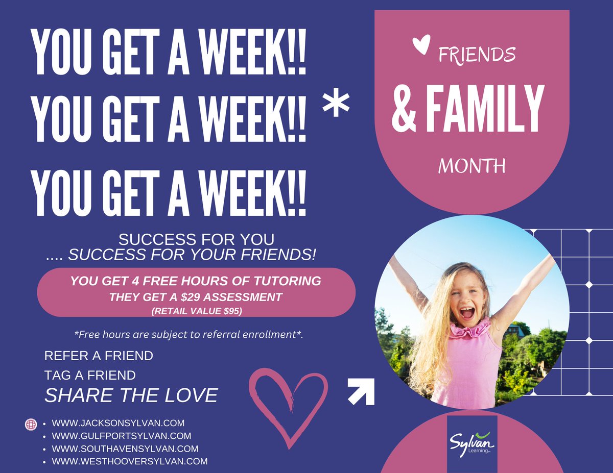SylvanOfJackson's tweet photo. Spread the word and share the love! 🌟 Refer a friend to Sylvan Learning and both of you can enjoy incredible perks: they'll receive a $29 assessment, and you'll unlock a week of free tutoring! It's a win-win for everyone.! 💼📚 #FriendsAndFamilyAppreciation #SylvanLearning https://t.co/ZitLZbN5X7